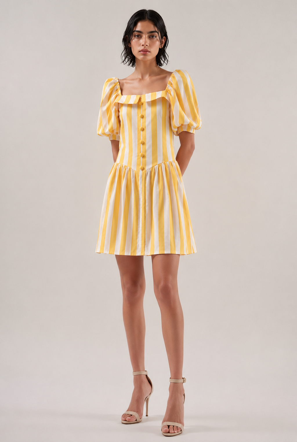 Lemon Stripe Puff-Sleeve Mini Dress