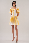 Lemon Stripe Puff-Sleeve Mini Dress