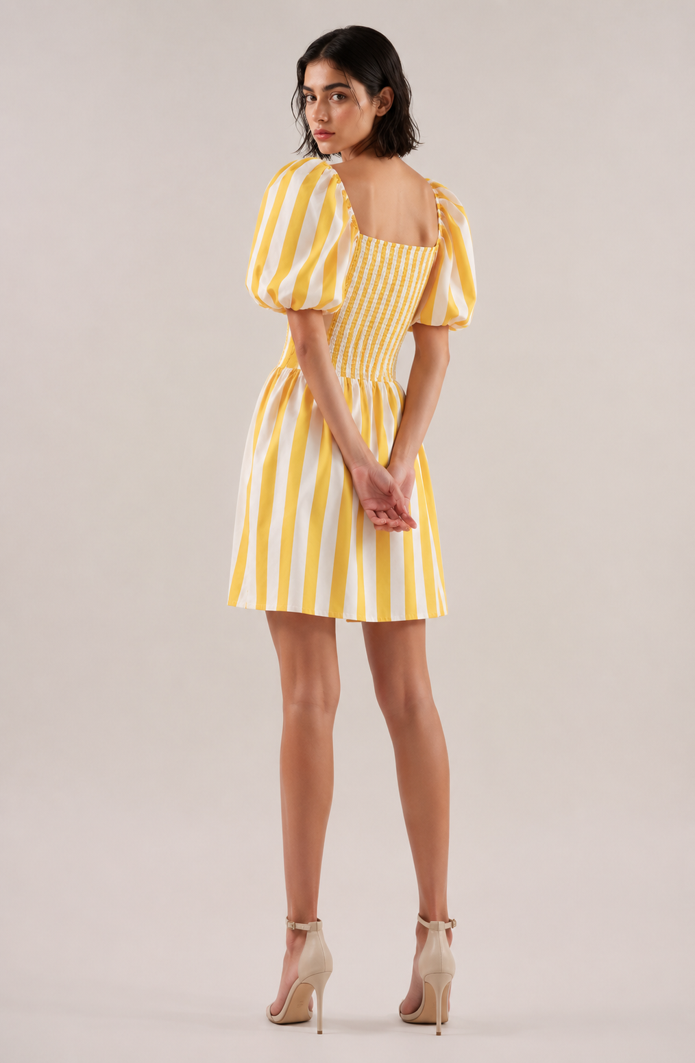 Lemon Stripe Puff-Sleeve Mini Dress