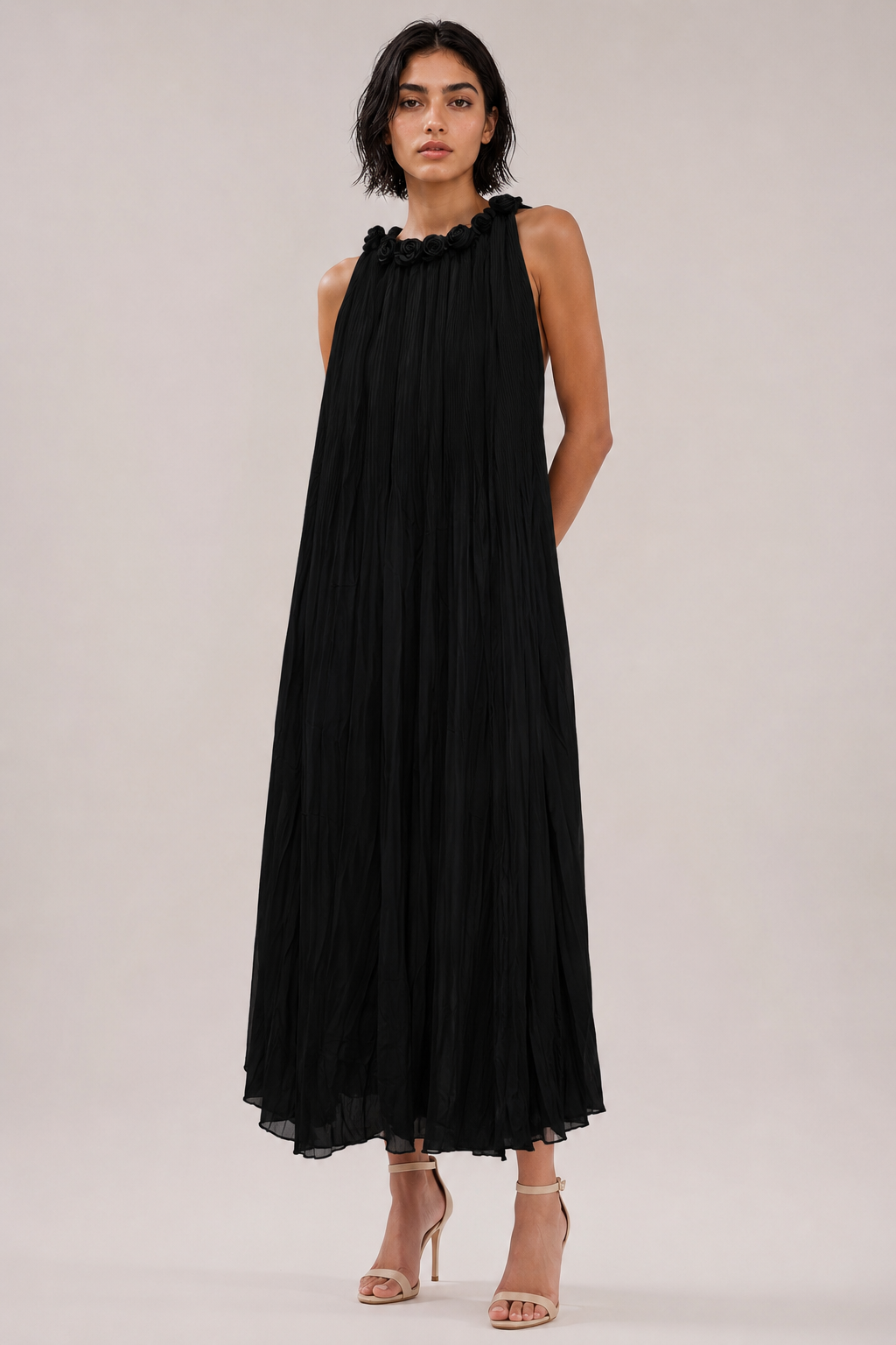 Noir Rosette Pleated Maxi Dress