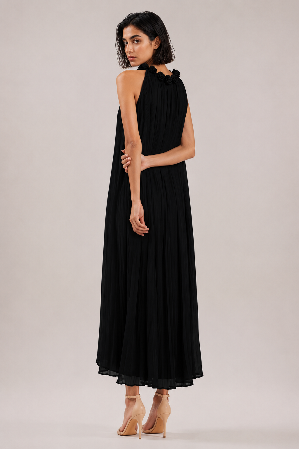 Noir Rosette Pleated Maxi Dress