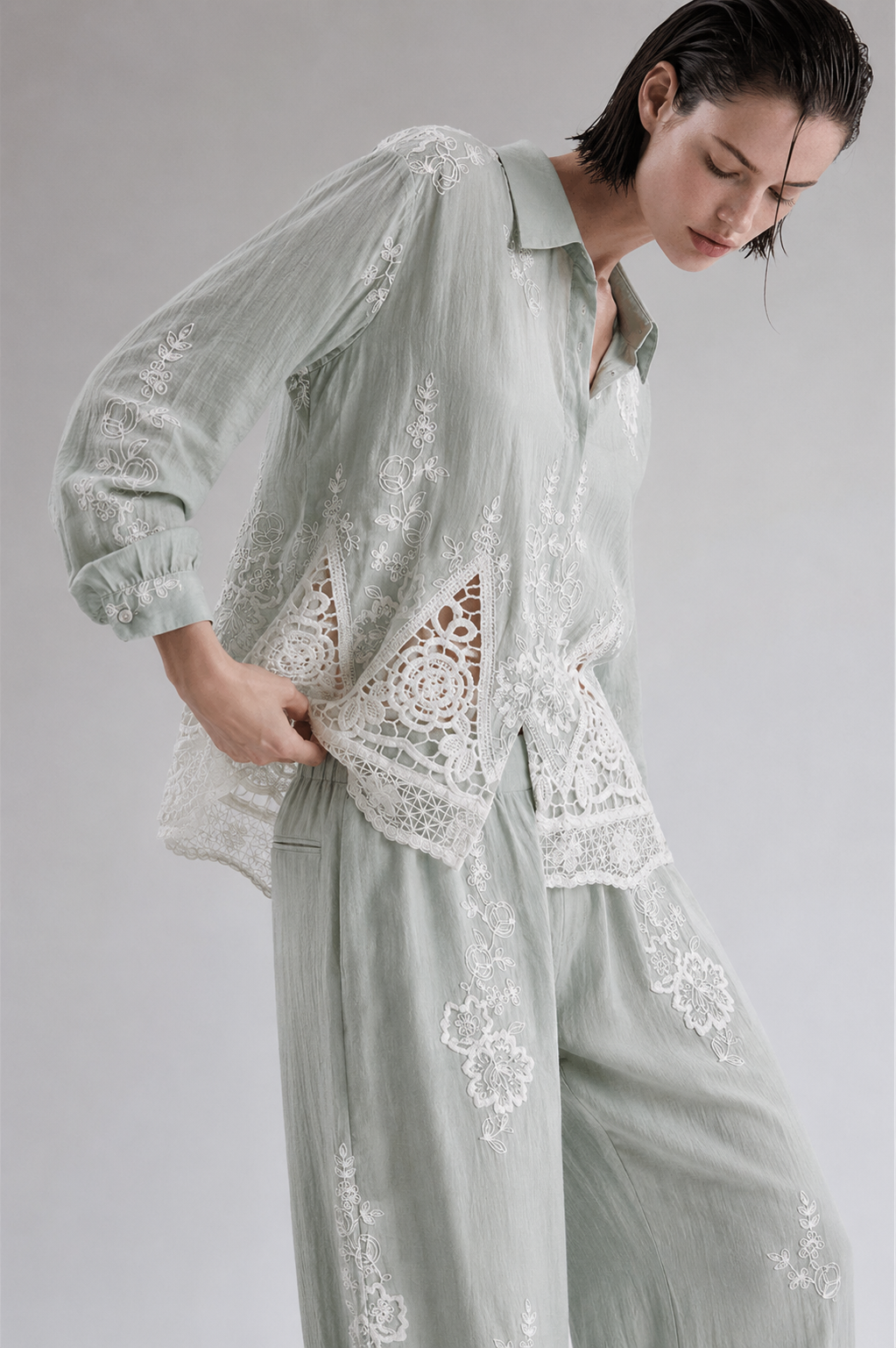 Sage Embroidered Crochet Co-ord Set