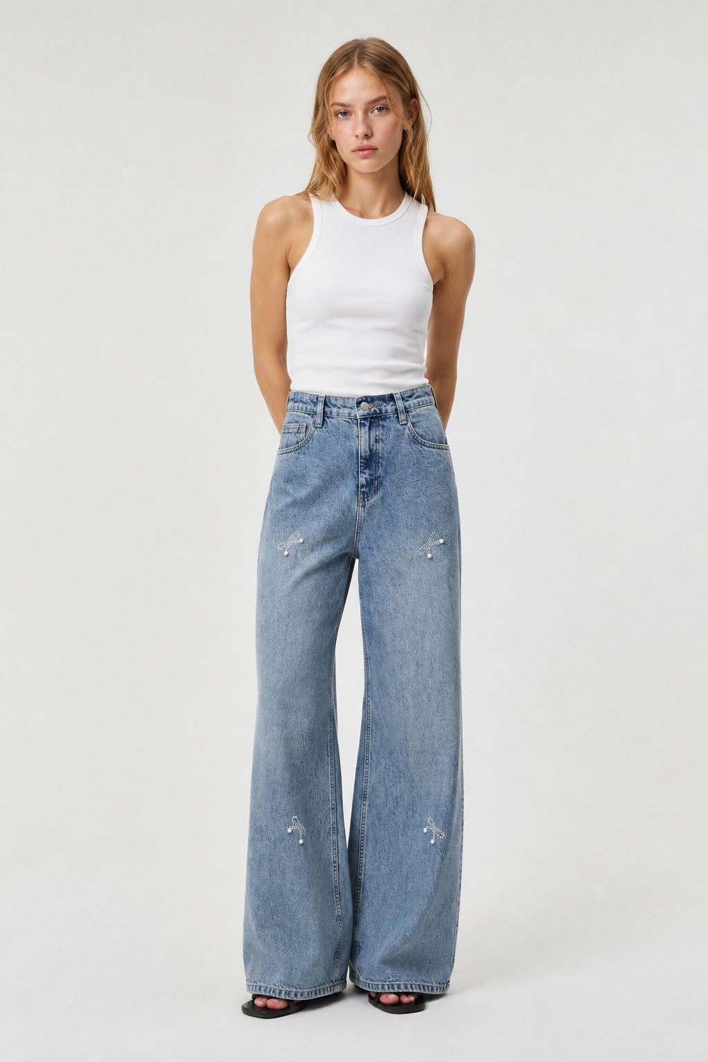 Crystal Bow Wide-Leg Jeans