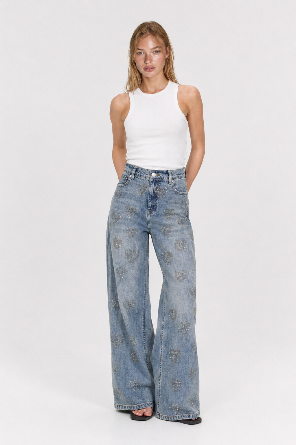 Crystal Heart Wide-Leg Jeans