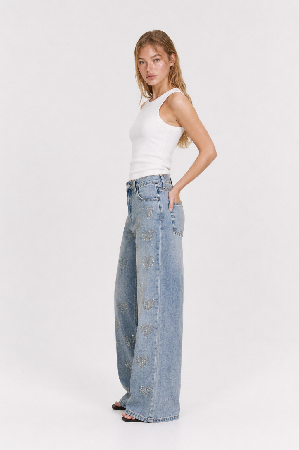Crystal Heart Wide-Leg Jeans