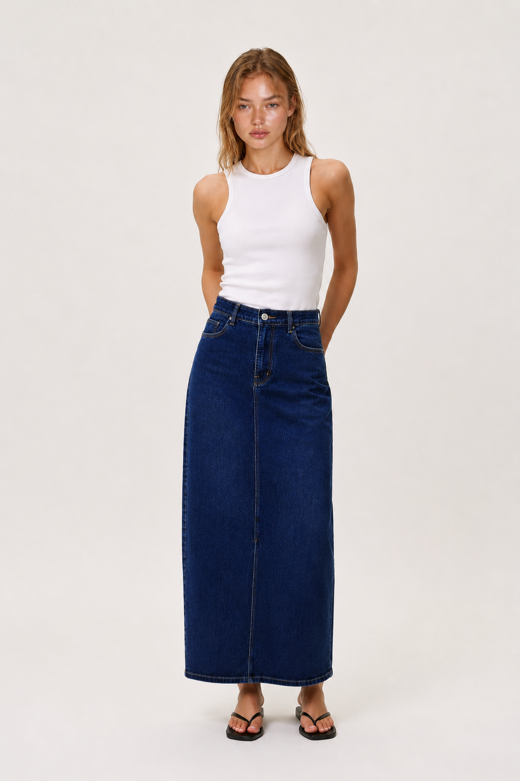 High-Rise Denim Maxi Skirt
