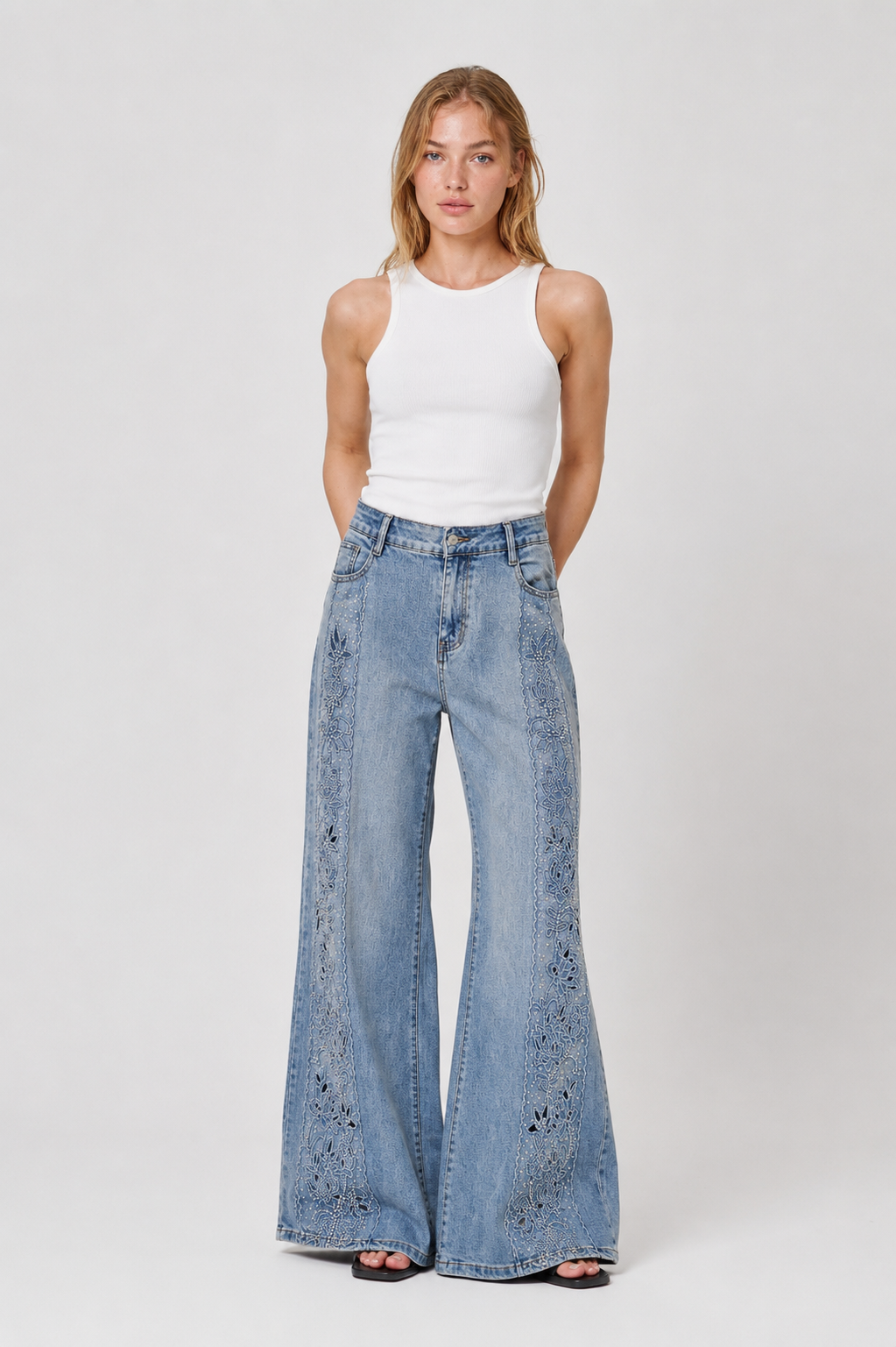 Floral Cutwork Embellished Wide-Leg Jeans