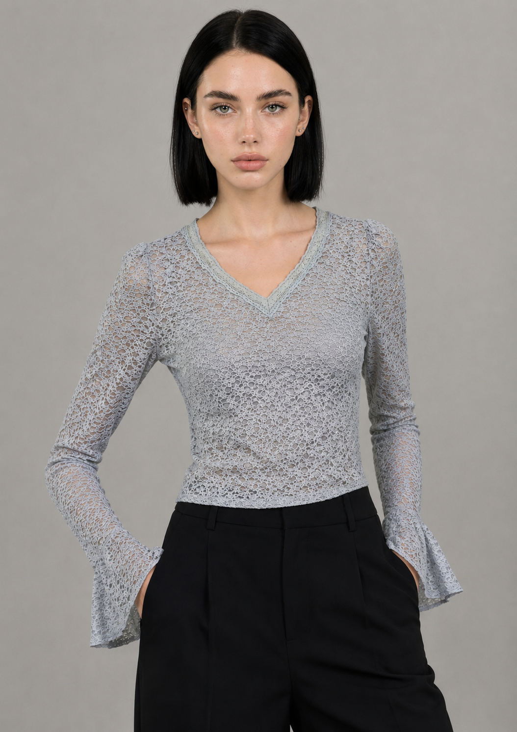 Sheer Lace Flare Cuff Top