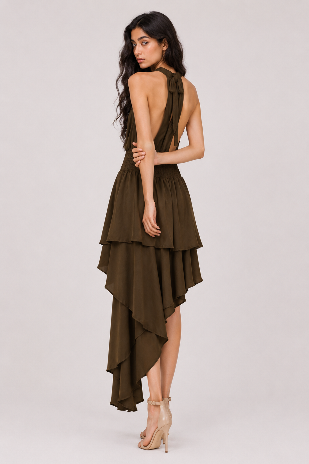 Asymmetric Ruffle Halter Dress