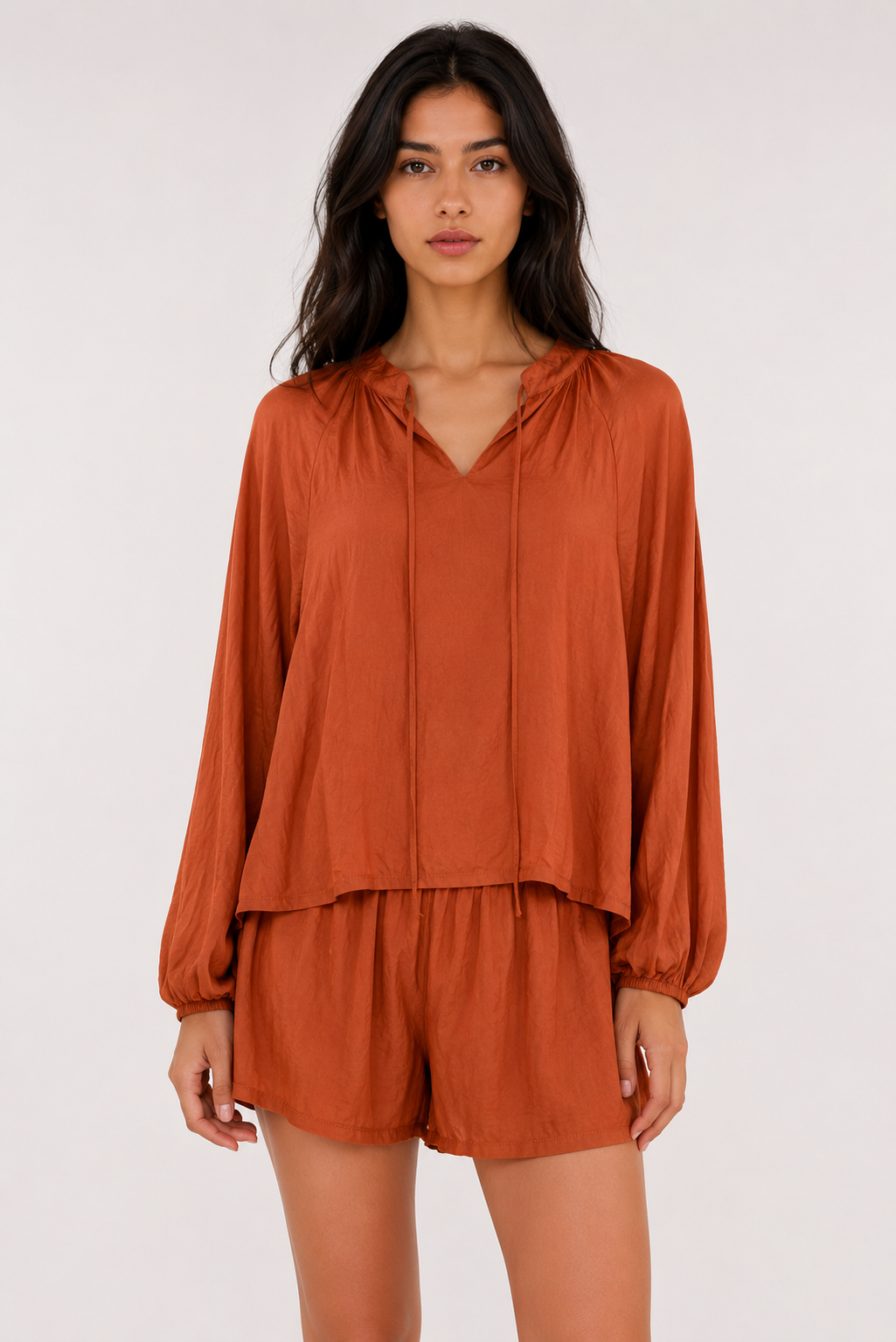 Relaxed Tie-Neck Blouse & Shorts Co-ord