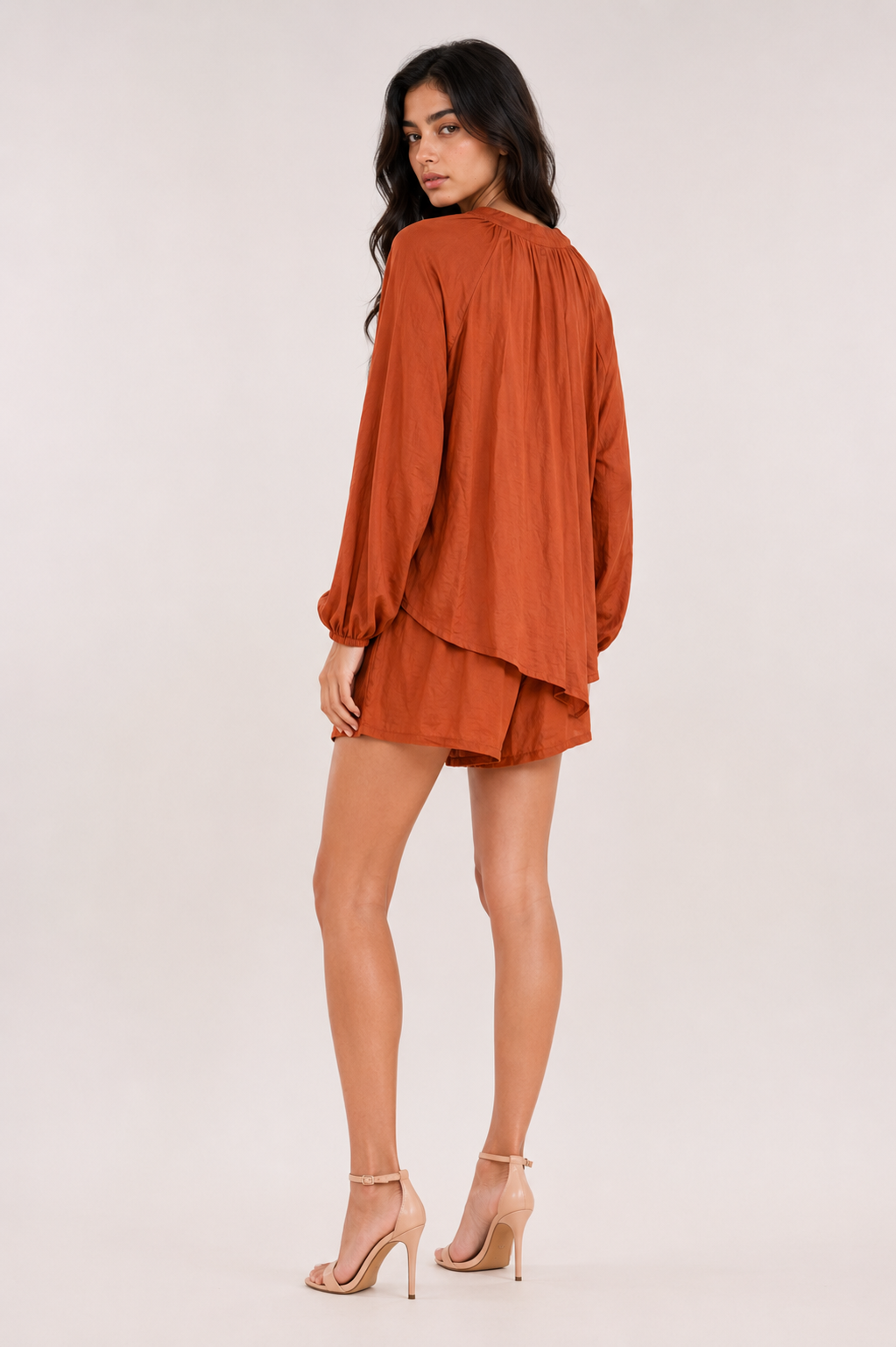 Relaxed Tie-Neck Blouse & Shorts Co-ord