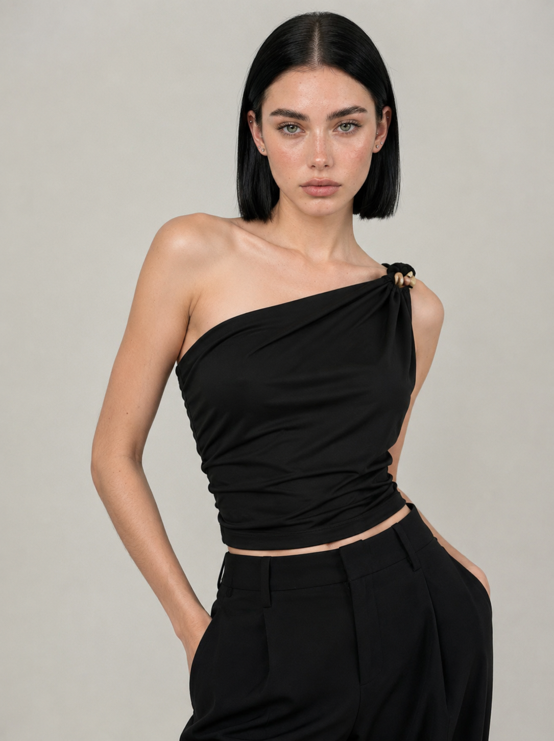 Gold Ring One-Shoulder Ruched Top