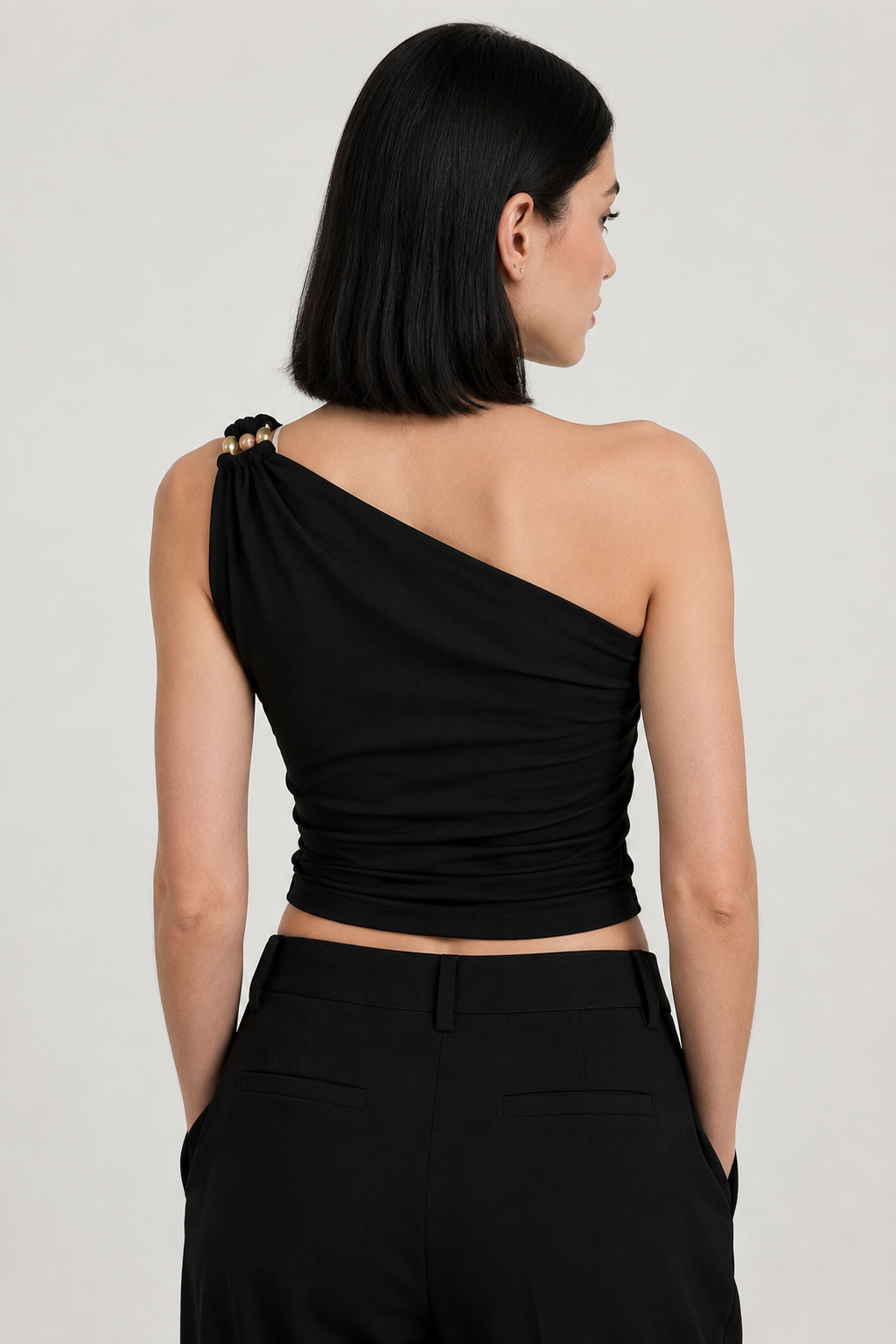 Gold Ring One-Shoulder Ruched Top