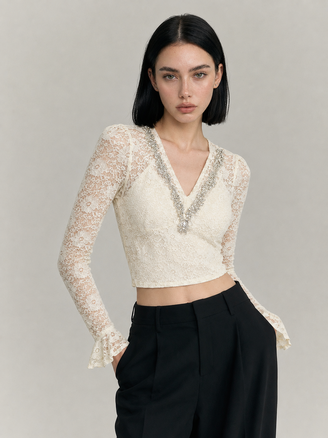 Crystal Trim Lace Crop Top