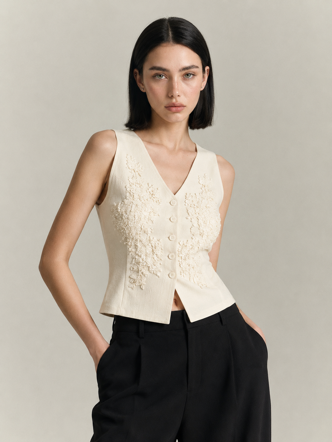 Floral Appliqué Button Vest
