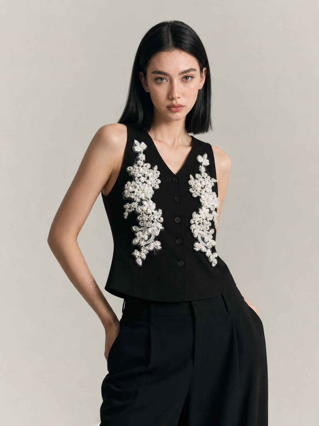 Floral Appliqué Button Vest