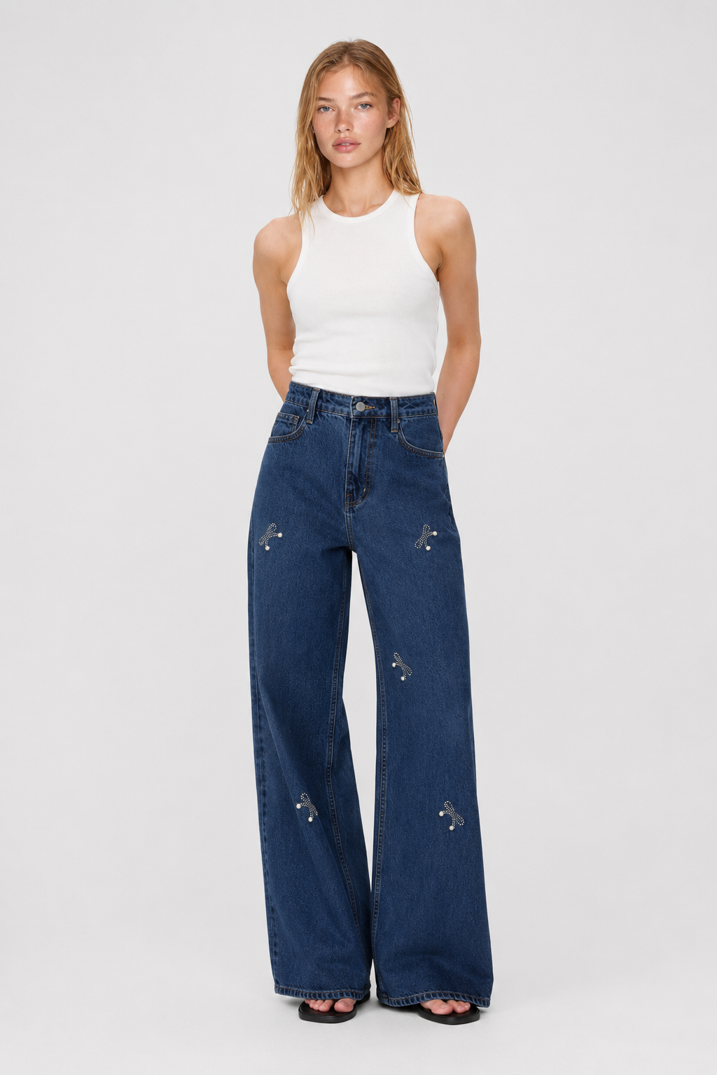 Crystal Bow Wide-Leg Jeans