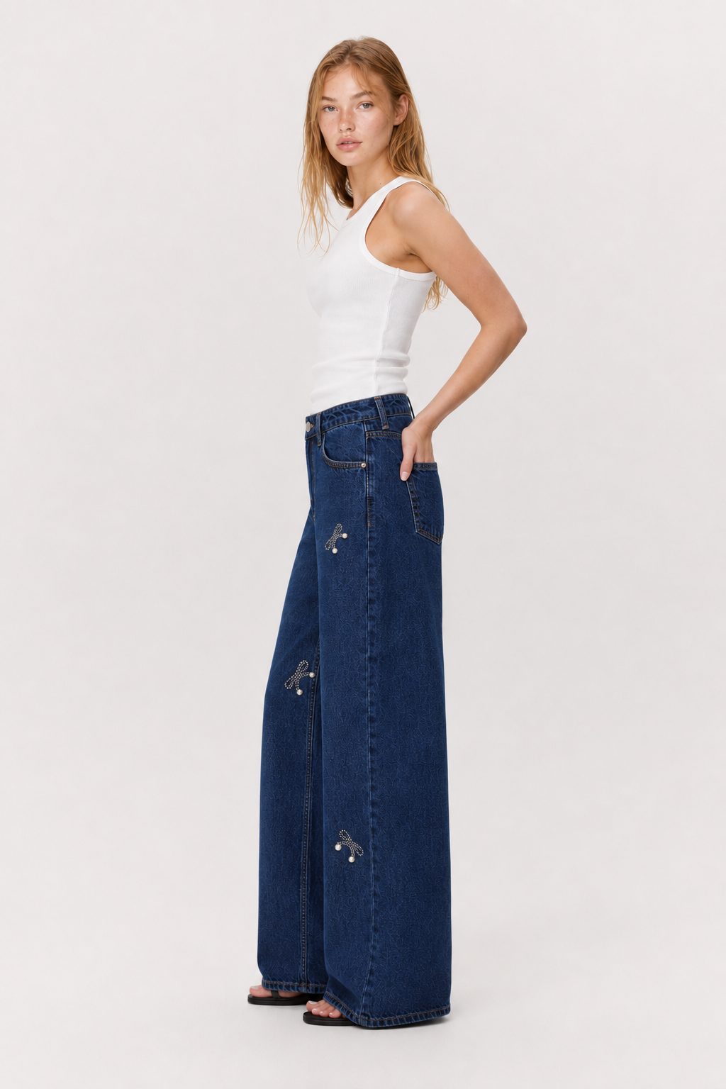 Crystal Bow Wide-Leg Jeans