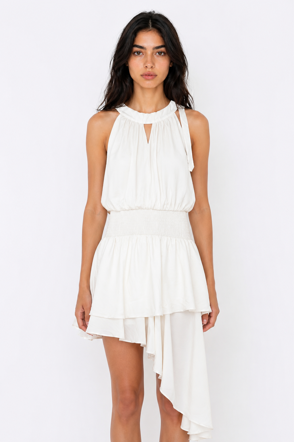 Asymmetric Ruffle Halter Dress