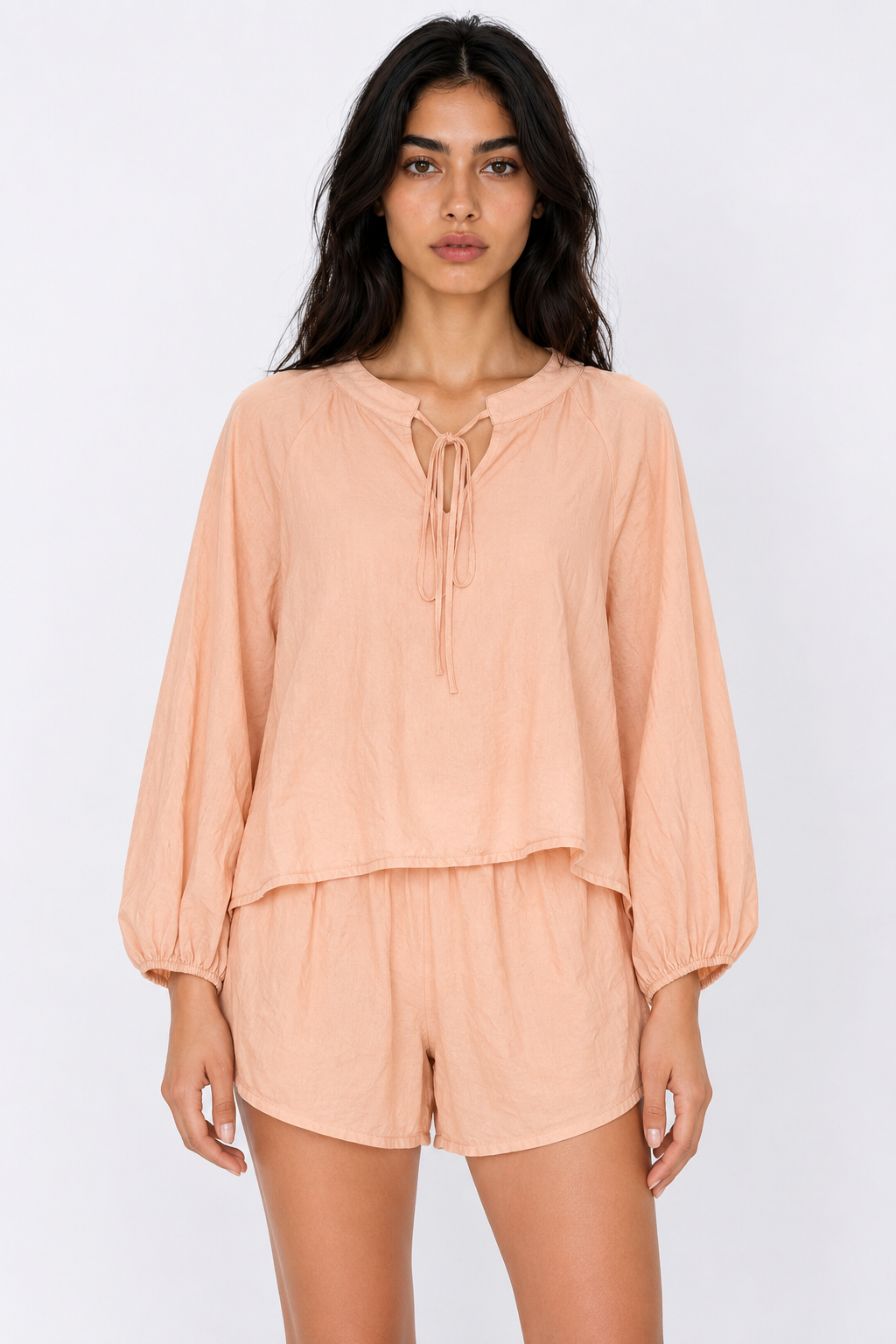 Relaxed Tie-Neck Blouse & Shorts Co-ord