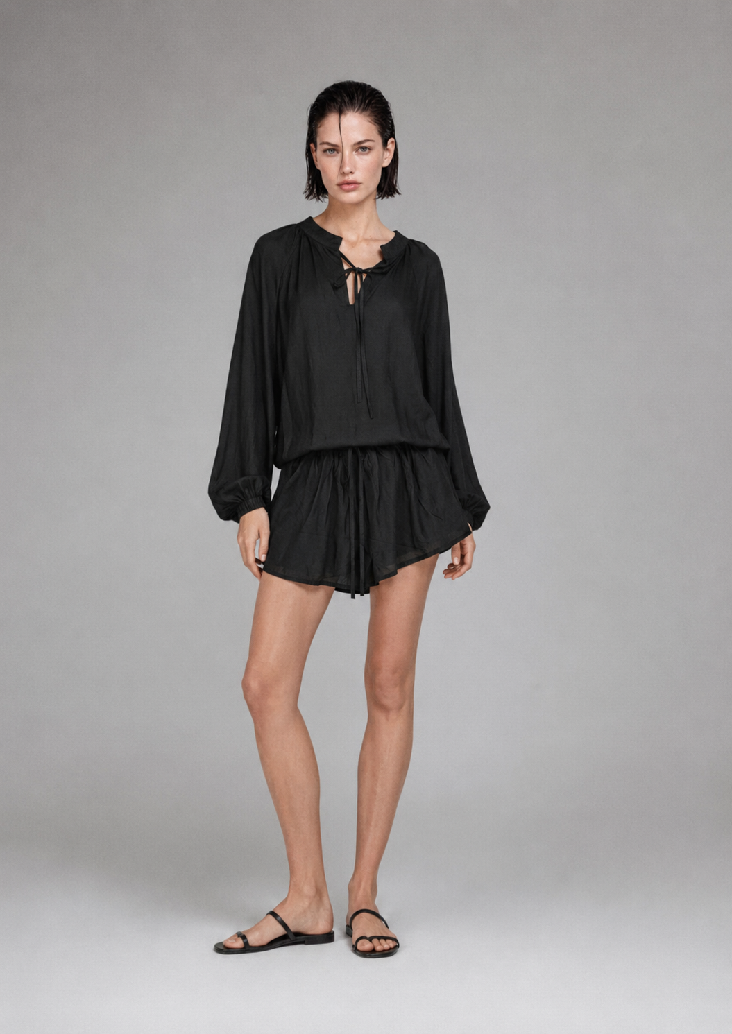 Relaxed Tie-Neck Blouse & Shorts Co-ord