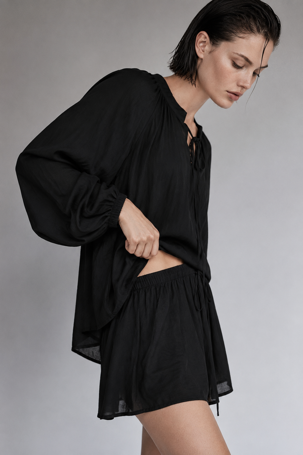 Relaxed Tie-Neck Blouse & Shorts Co-ord