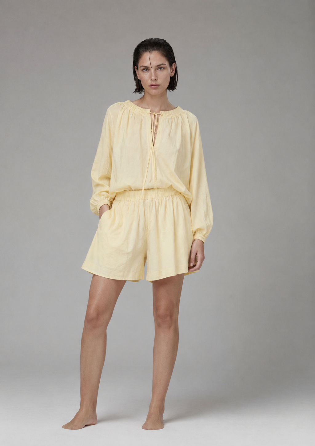 Relaxed Tie-Neck Blouse & Shorts Co-ord