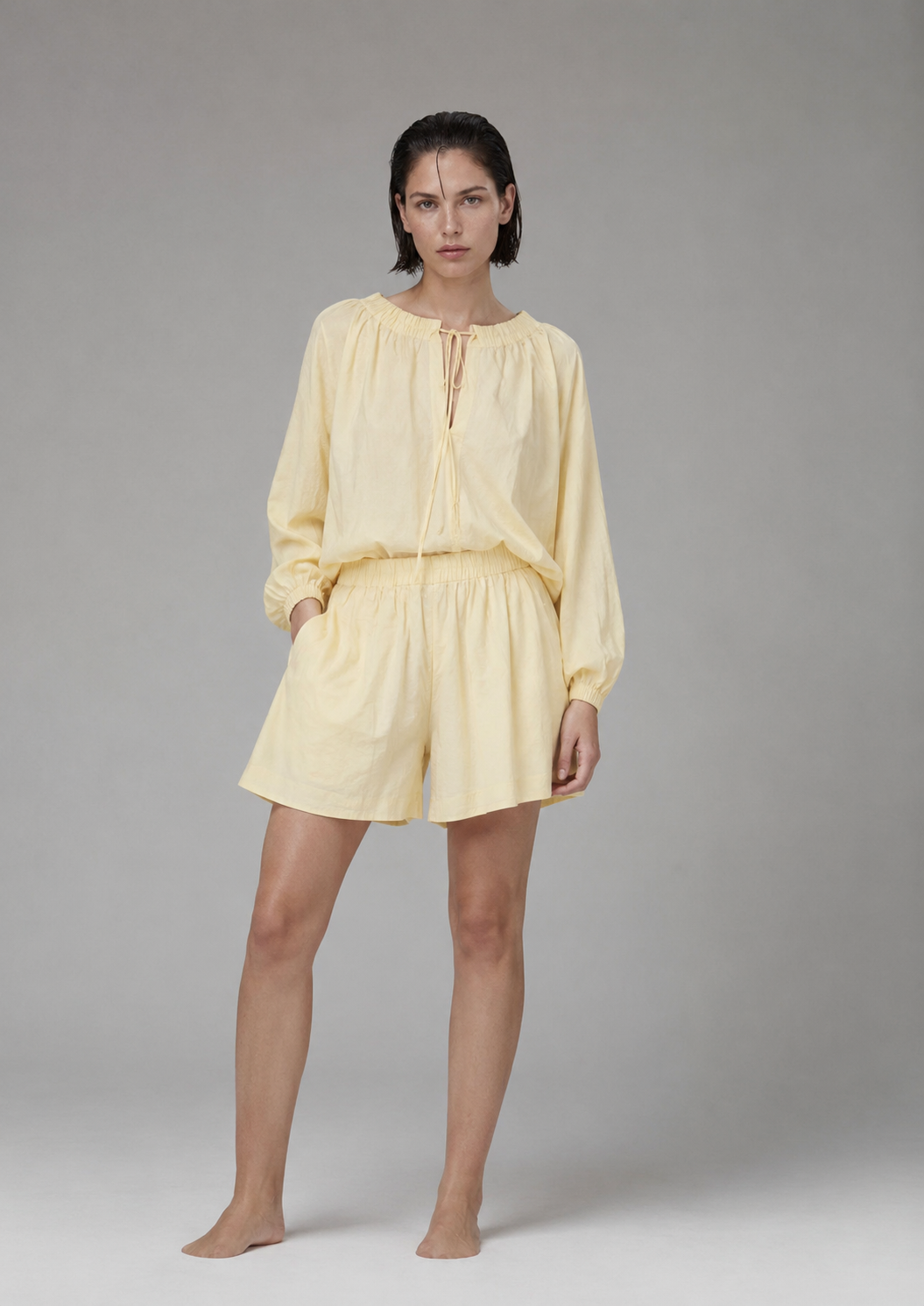 Relaxed Tie-Neck Blouse & Shorts Co-ord
