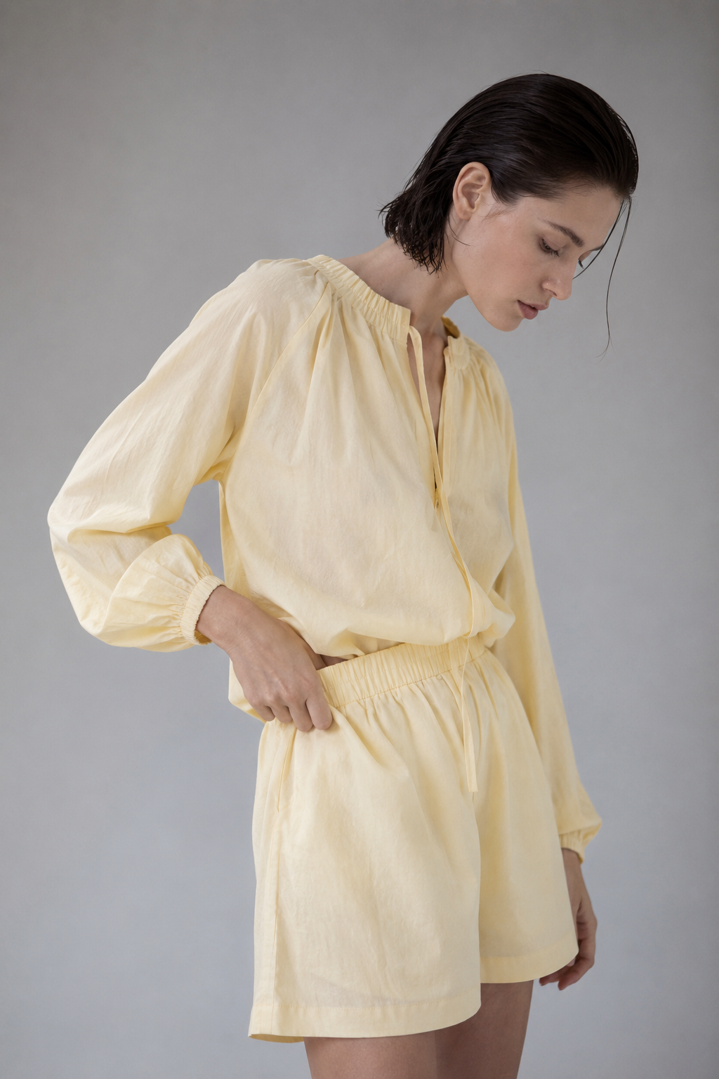 Relaxed Tie-Neck Blouse & Shorts Co-ord