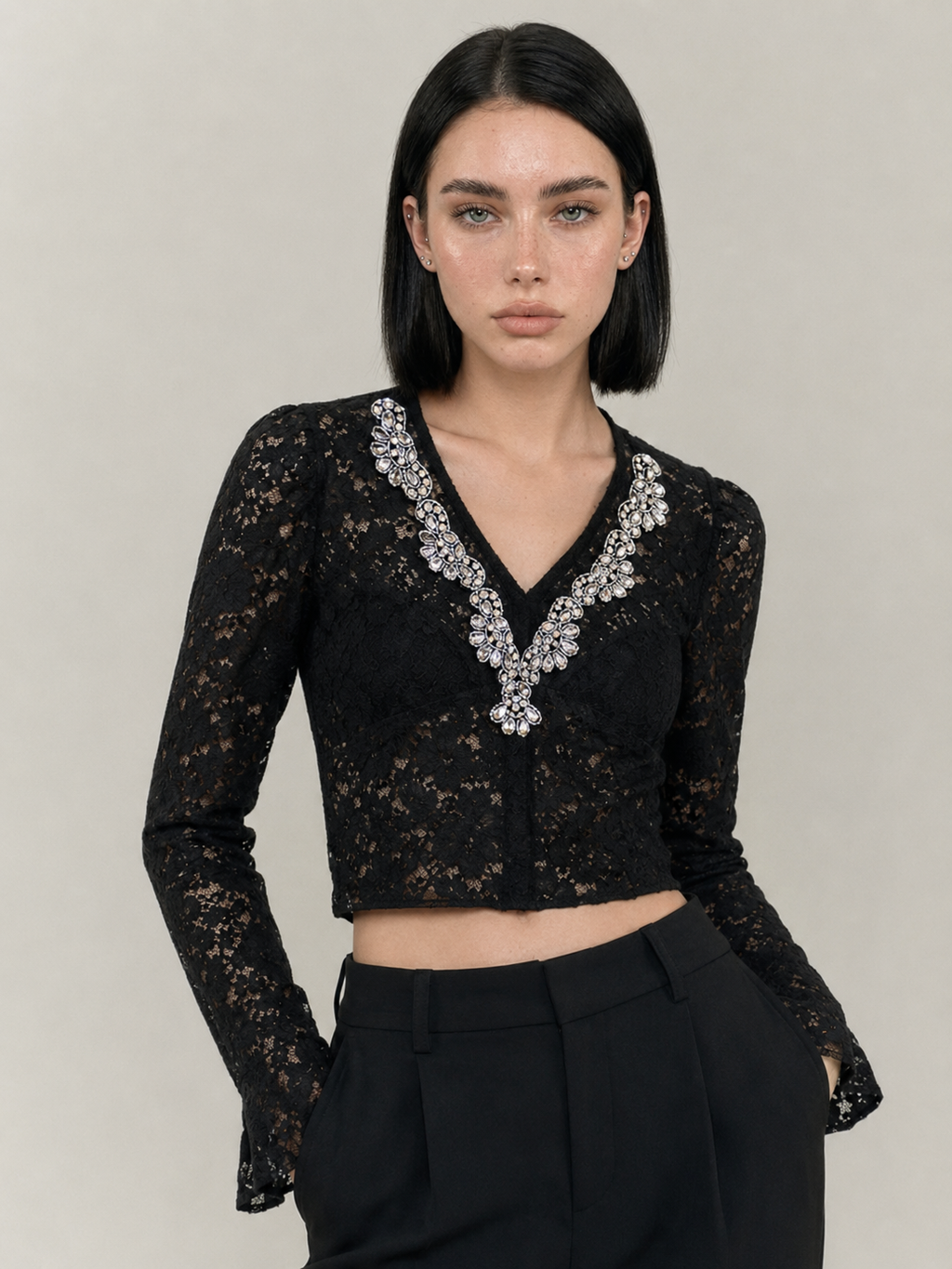 Crystal Trim Lace Crop Top