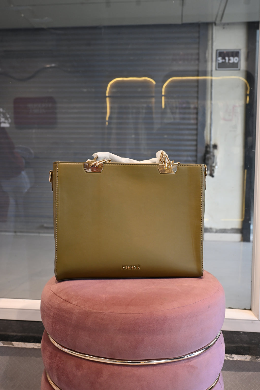 EDONE Olive Green Structured Tote Bag with Gold Hardware
