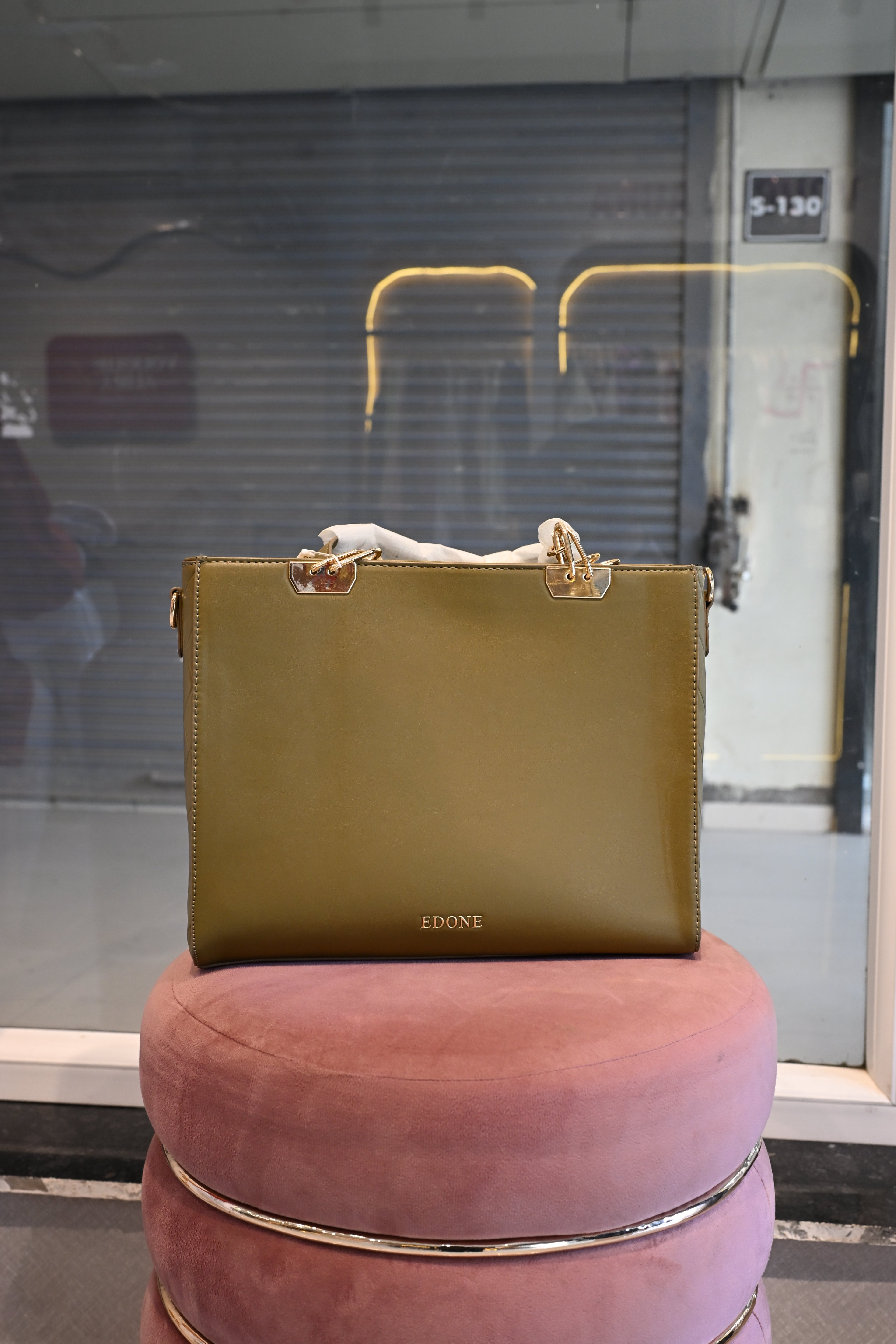 EDONE Olive Green Structured Tote Bag with Gold Hardware