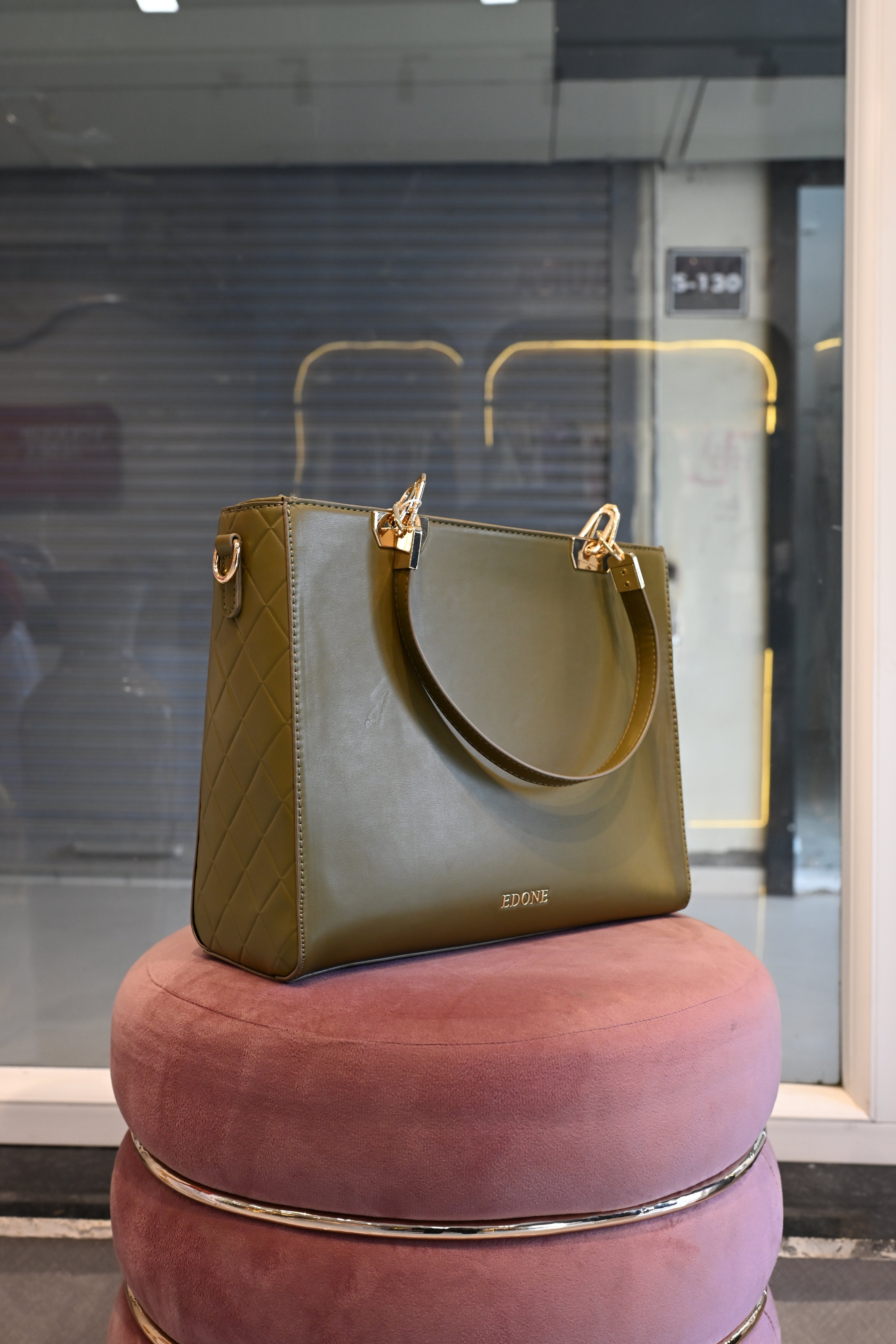 EDONE Olive Green Structured Tote Bag with Gold Hardware