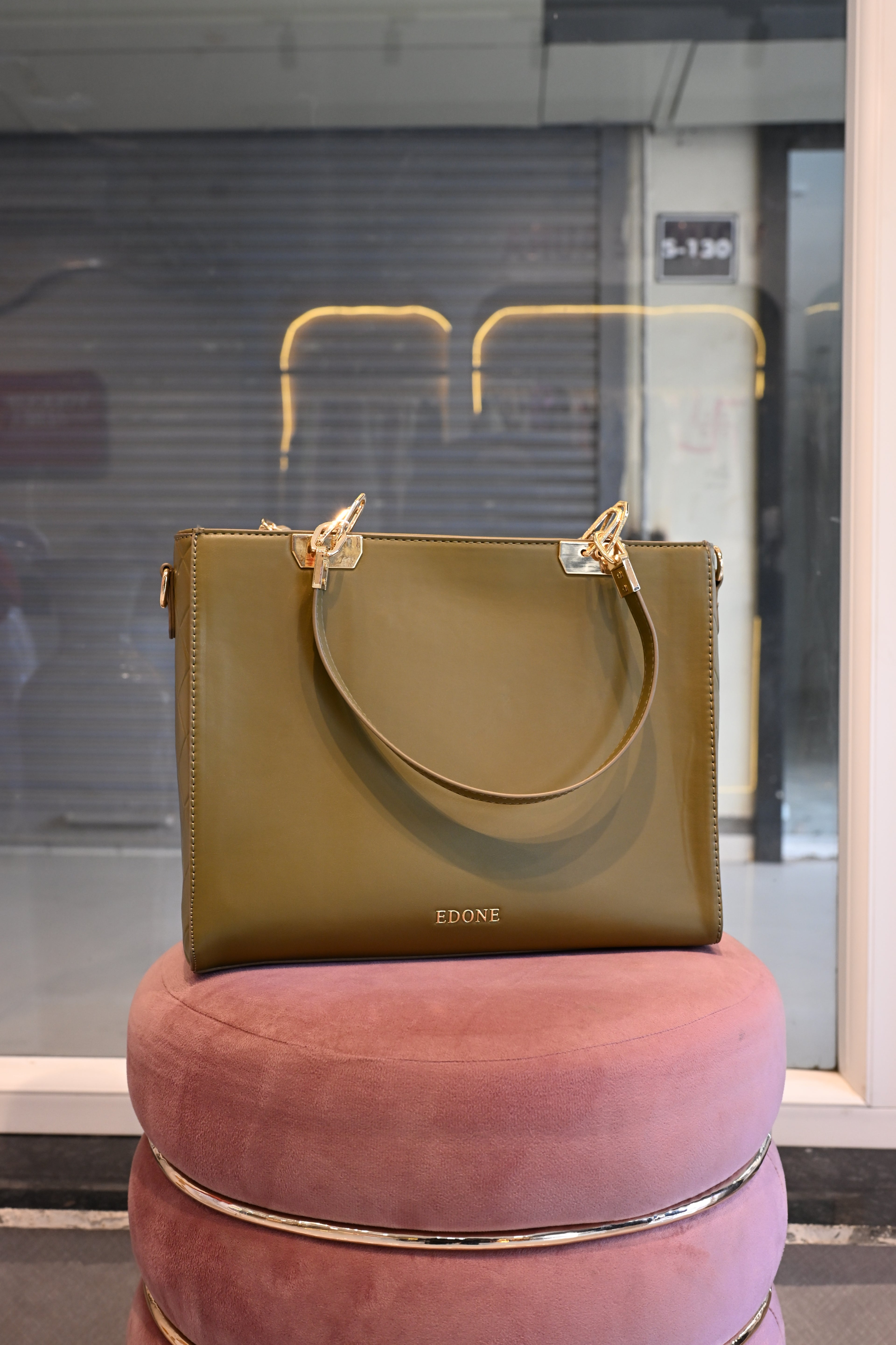 EDONE Olive Green Structured Tote Bag with Gold Hardware