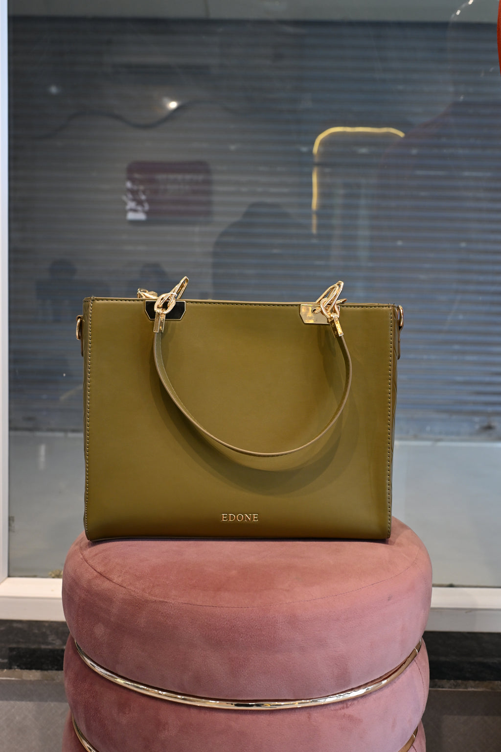 EDONE Olive Green Structured Tote Bag with Gold Hardware