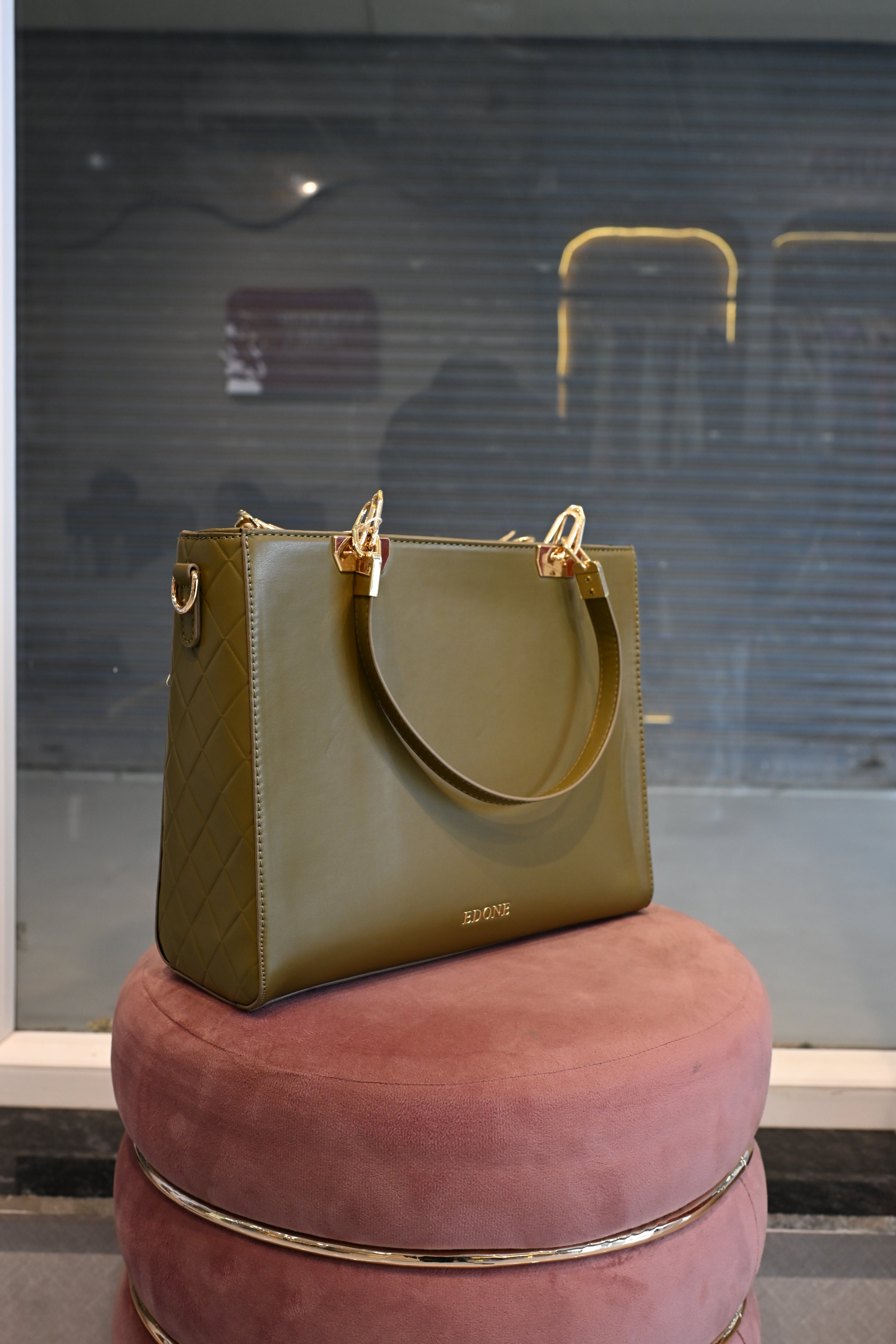 EDONE Olive Green Structured Tote Bag with Gold Hardware