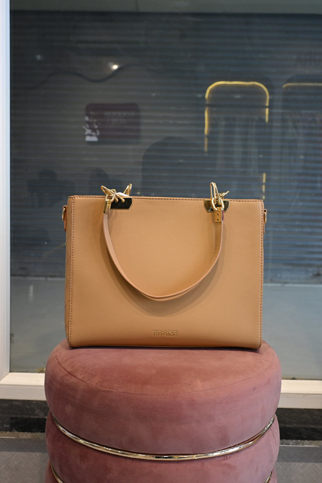 EDONE Beige Structured Tote Bag with Gold Hardware