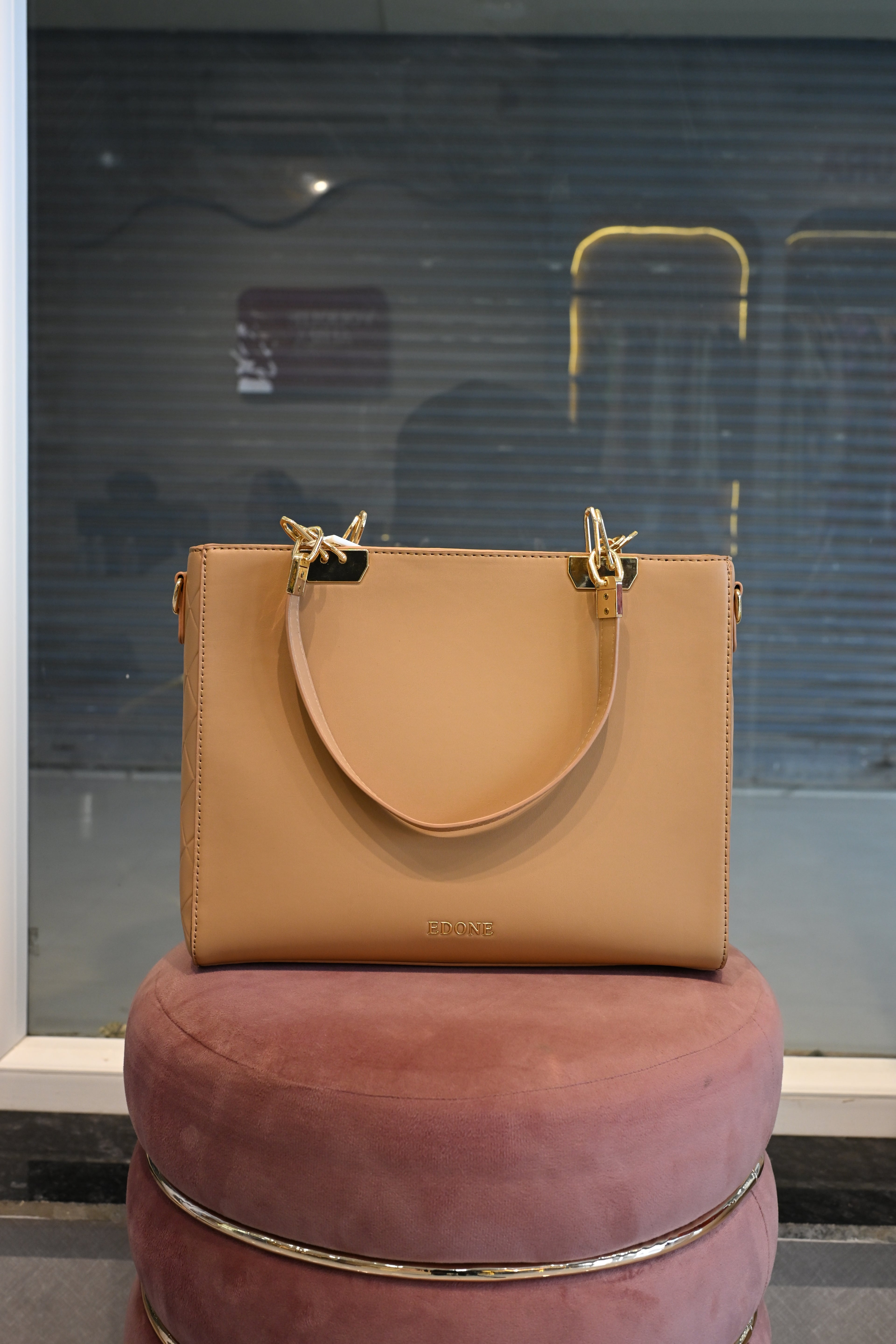 EDONE Beige Structured Tote Bag with Gold Hardware