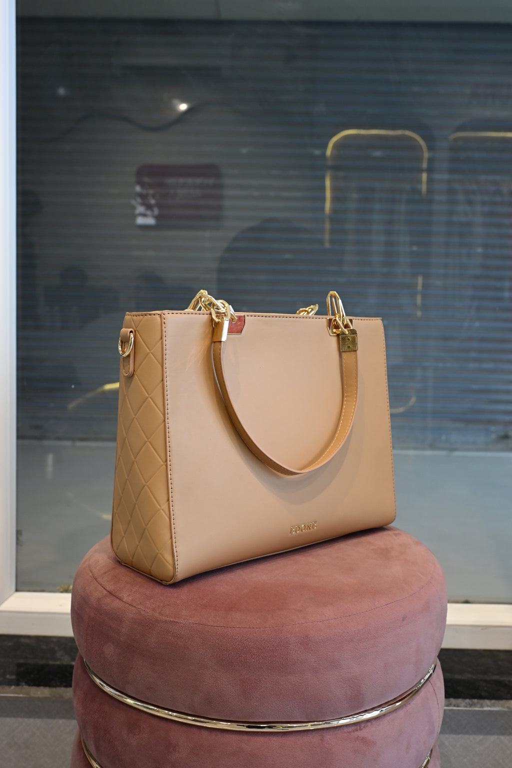 EDONE Beige Structured Tote Bag with Gold Hardware