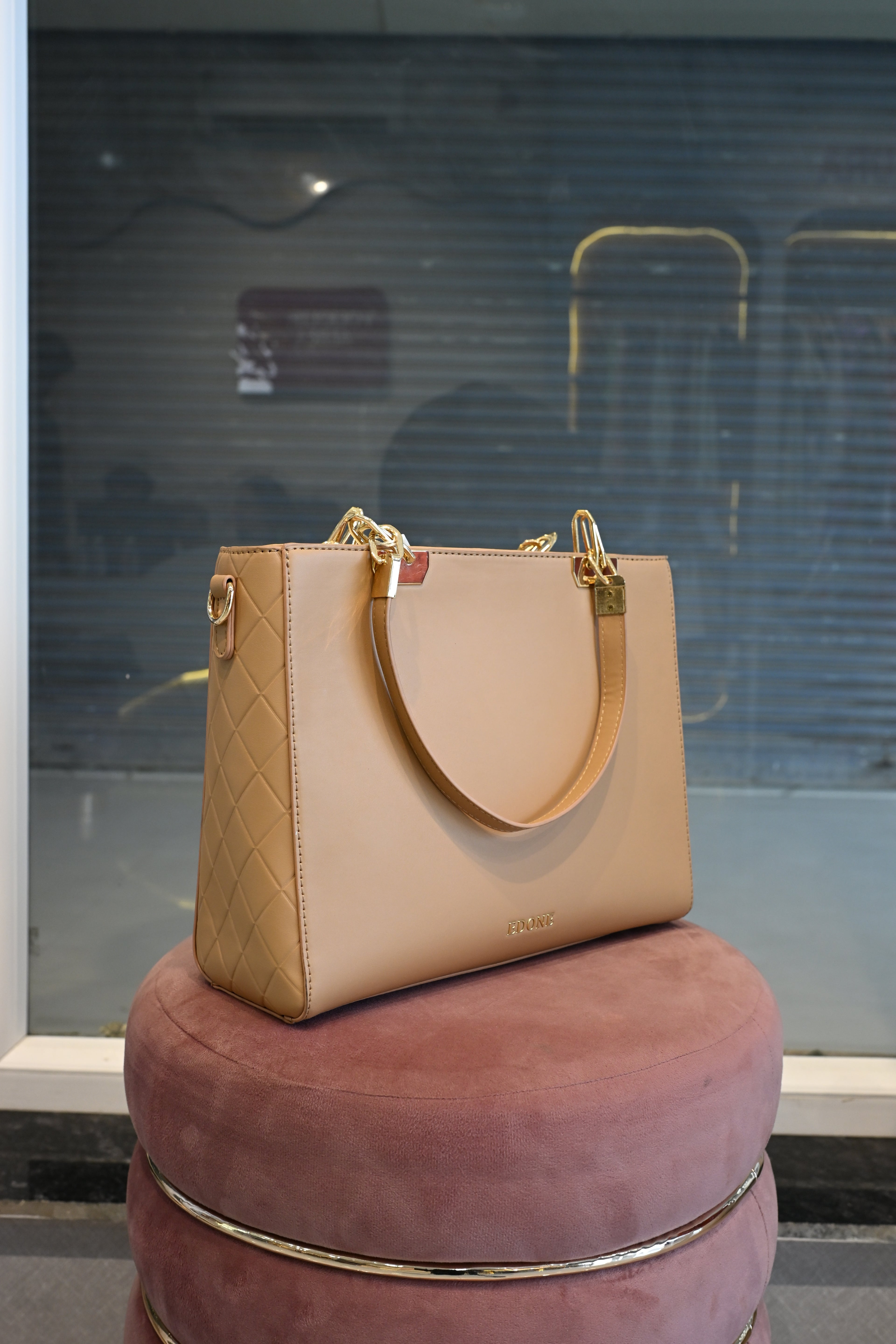 EDONE Beige Structured Tote Bag with Gold Hardware