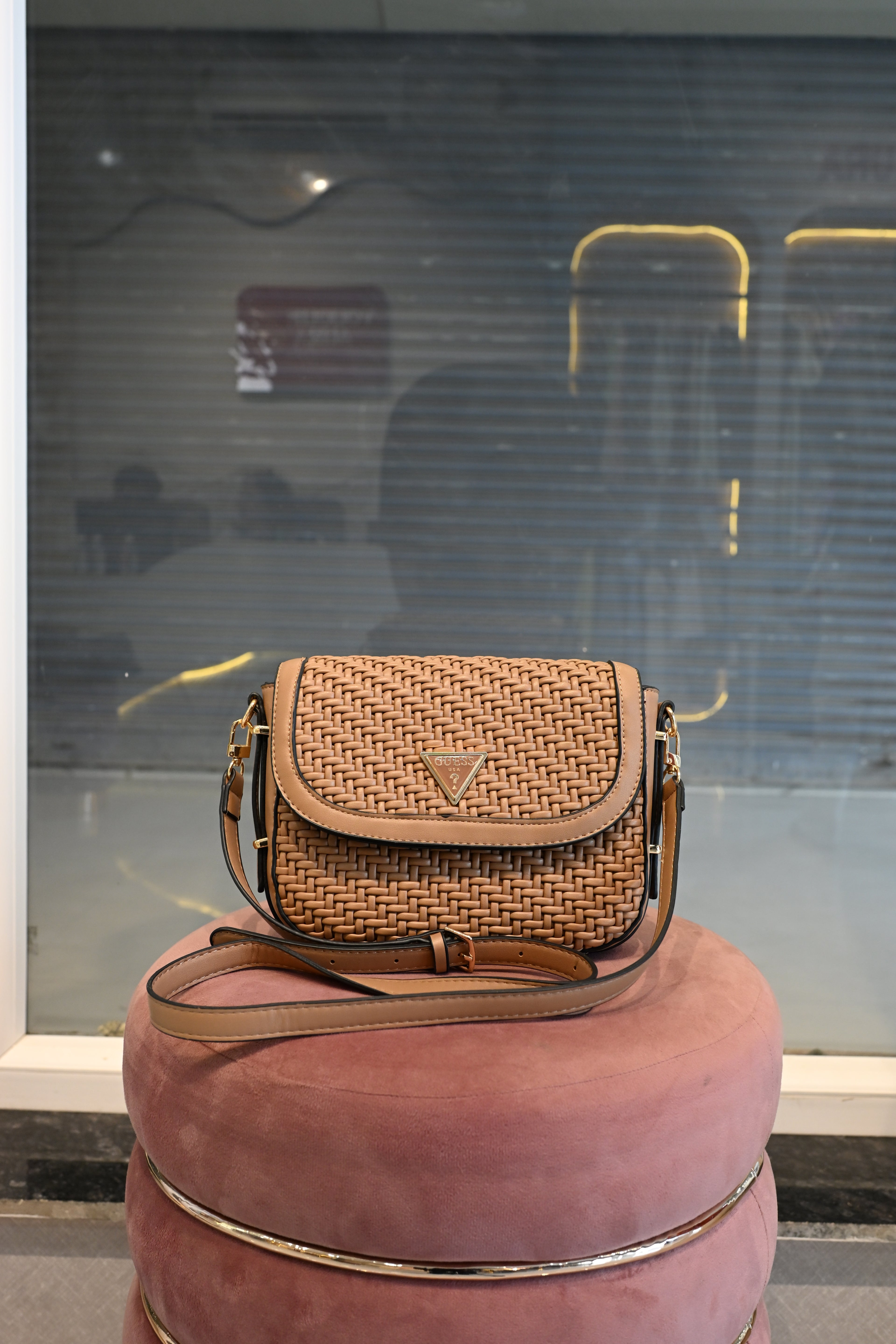 GUESS Tan Woven Crossbody Sling Bag