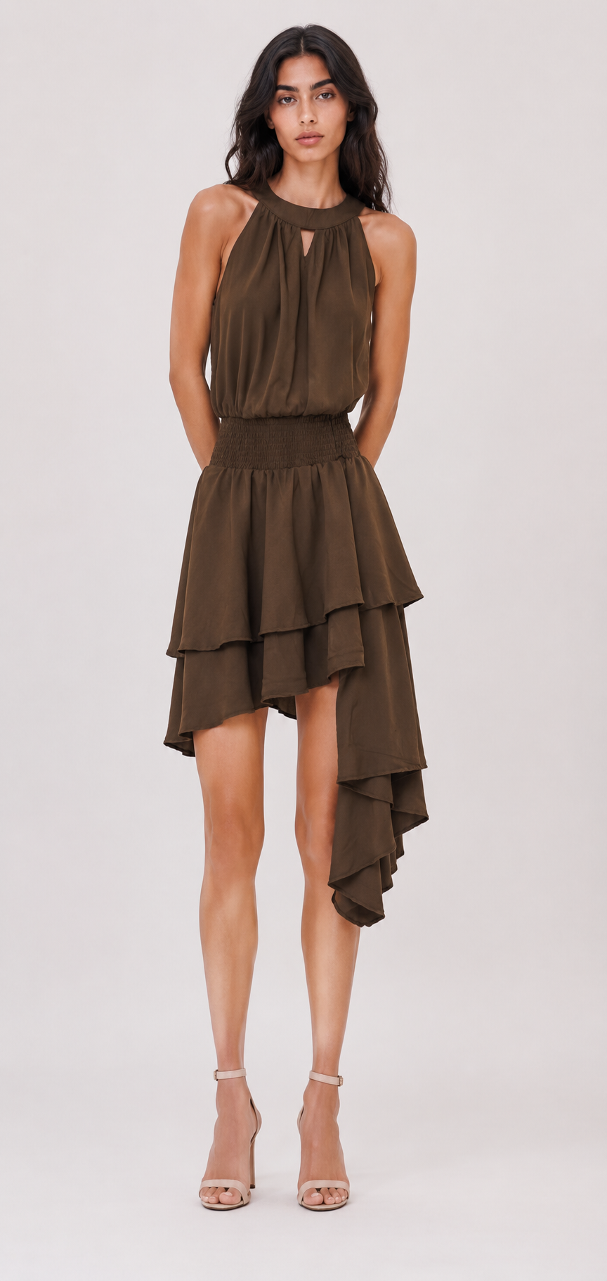Asymmetric Ruffle Halter Dress